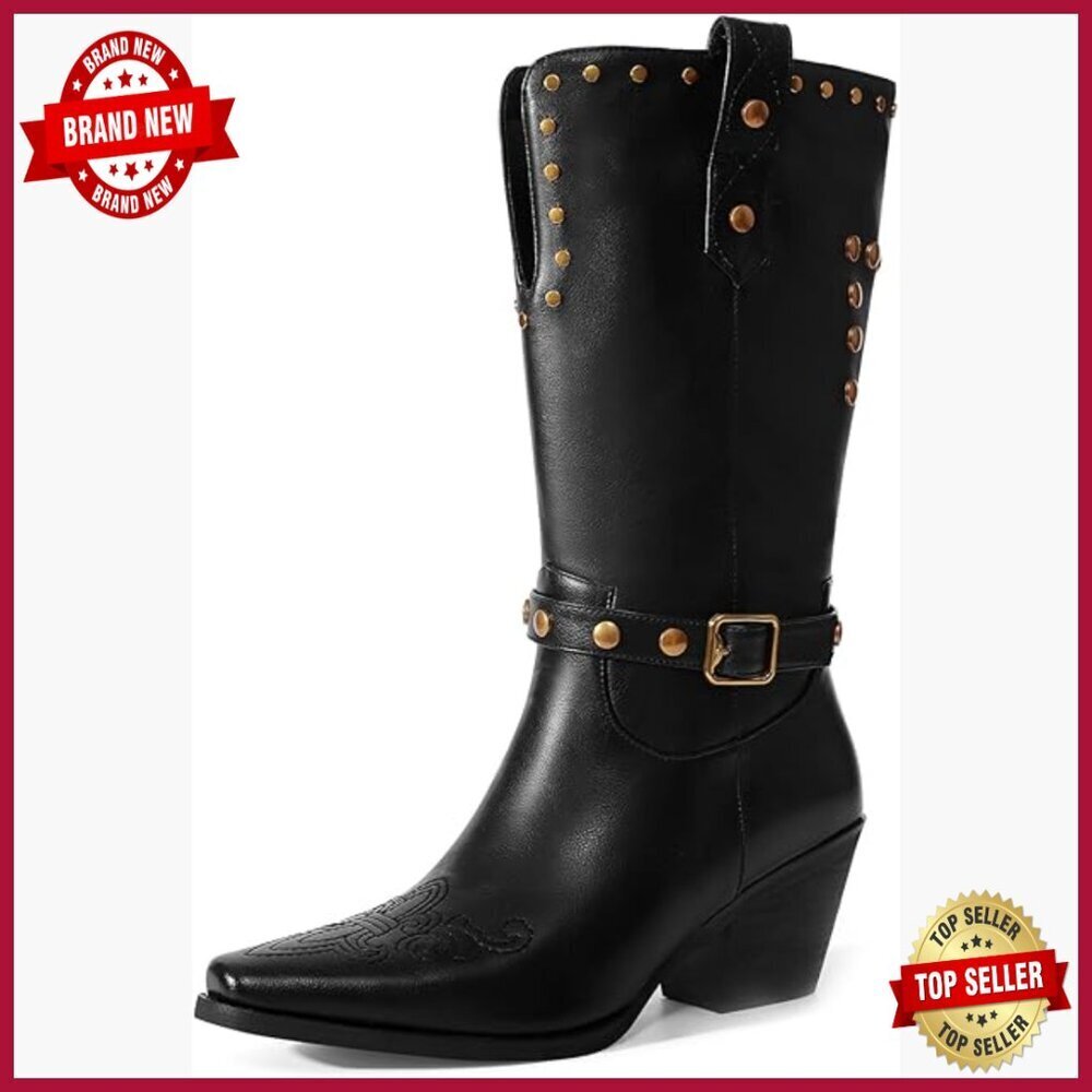 Wide Calf Mid-Calf Boots Square Toe Distressed Studded Western Riding Boots